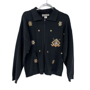 Vintage Golf Zip WomensCardigan L Sweater Black Embroidered Stars Y2K Preppy
